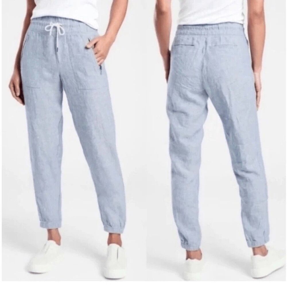 Athleta Cabo Linen Jogger Pants Womens 8 Blue Drawstring Pockets Coastal Travel